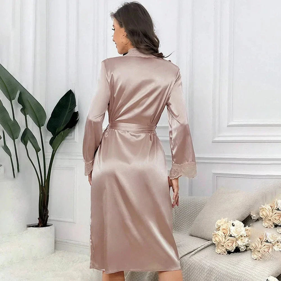 Luxurious Mauve Satin Kimono Robe with Lace Trim-Kimono Robe-Bellascena-bellascena