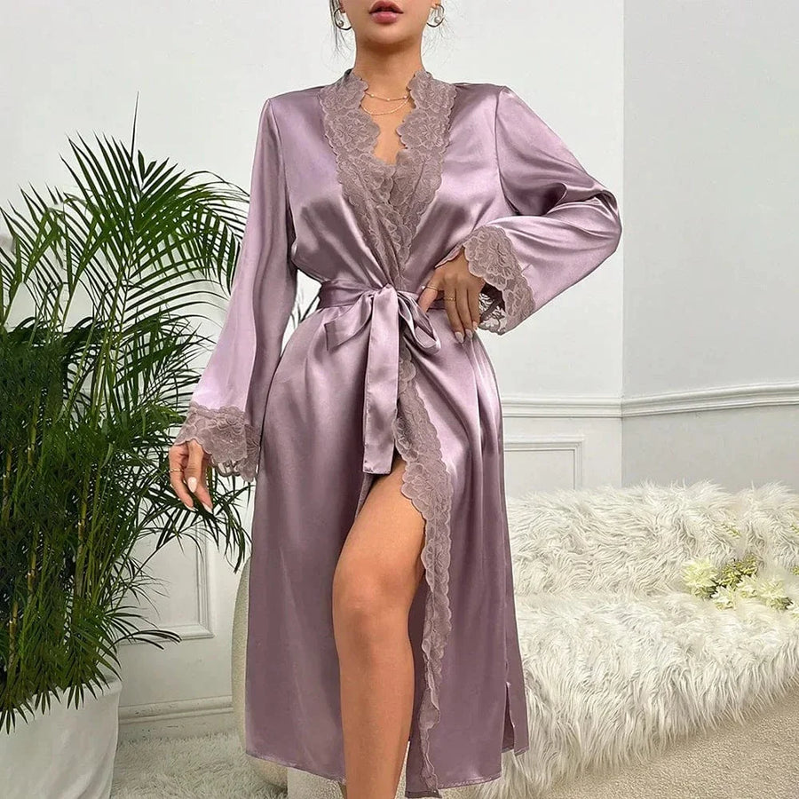 Luxurious Mauve Satin Kimono Robe with Lace Trim-Kimono Robe-Bellascena-bellascena
