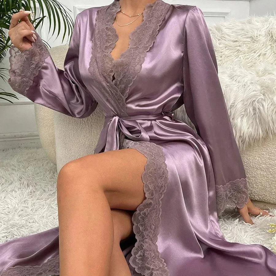 Luxurious Mauve Satin Kimono Robe with Lace Trim-Kimono Robe-Bellascena-bellascena
