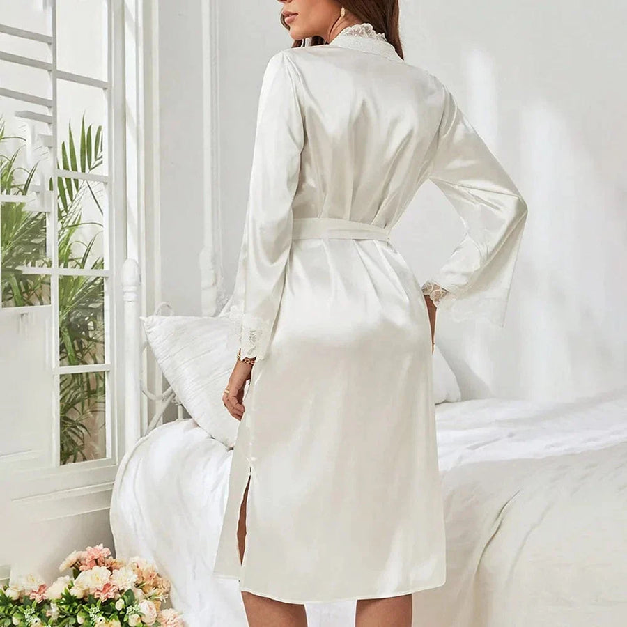 Luxurious Mauve Satin Kimono Robe with Lace Trim-Kimono Robe-Bellascena-bellascena