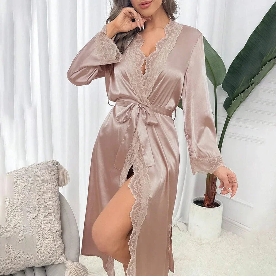 Luxurious Mauve Satin Kimono Robe with Lace Trim-Kimono Robe-Bellascena-Champagne-XS-bellascena