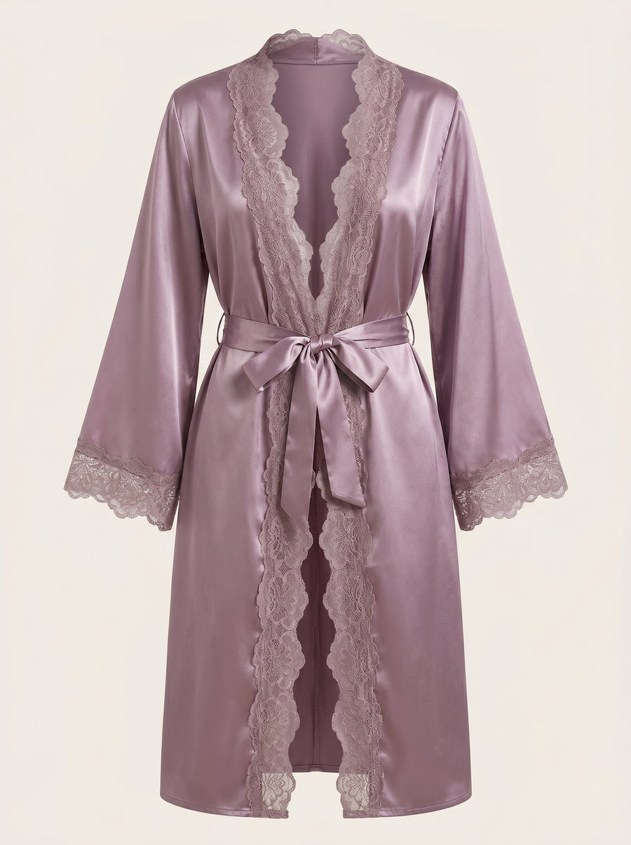 Luxurious Mauve Satin Kimono Robe with Lace Trim-Kimono Robe-Bellascena-bellascena