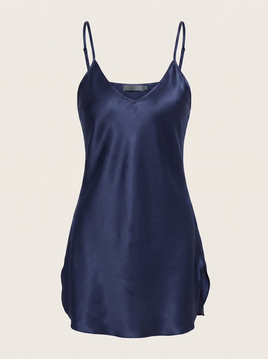 Navy Blue Satin Nightgown with Adjustable Straps-Nightgown-Bellascena-bellascena