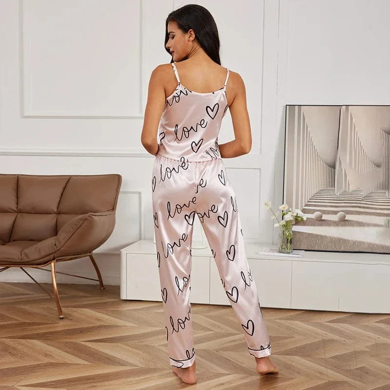 Pink Heart Print Satin Pajama Set with Adjustable Straps-Pajama Set-Bellascena-bellascena
