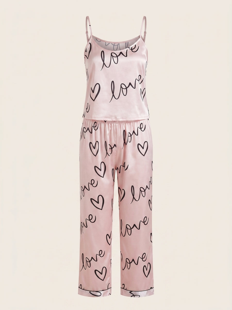 Pink Heart Print Satin Pajama Set with Adjustable Straps-Pajama Set-Bellascena-Pink-S-bellascena