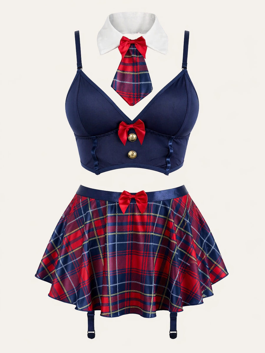 Plaid Red and Navy Satin Lingerie Set with Strappy Details-Lingerie Set-Bellascena-S-Navy-bellascena