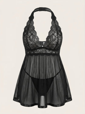 Plus Size Black Lace Babydoll with Scalloped Edges-Lingerie Set-Bellascena-Black-L-bellascena