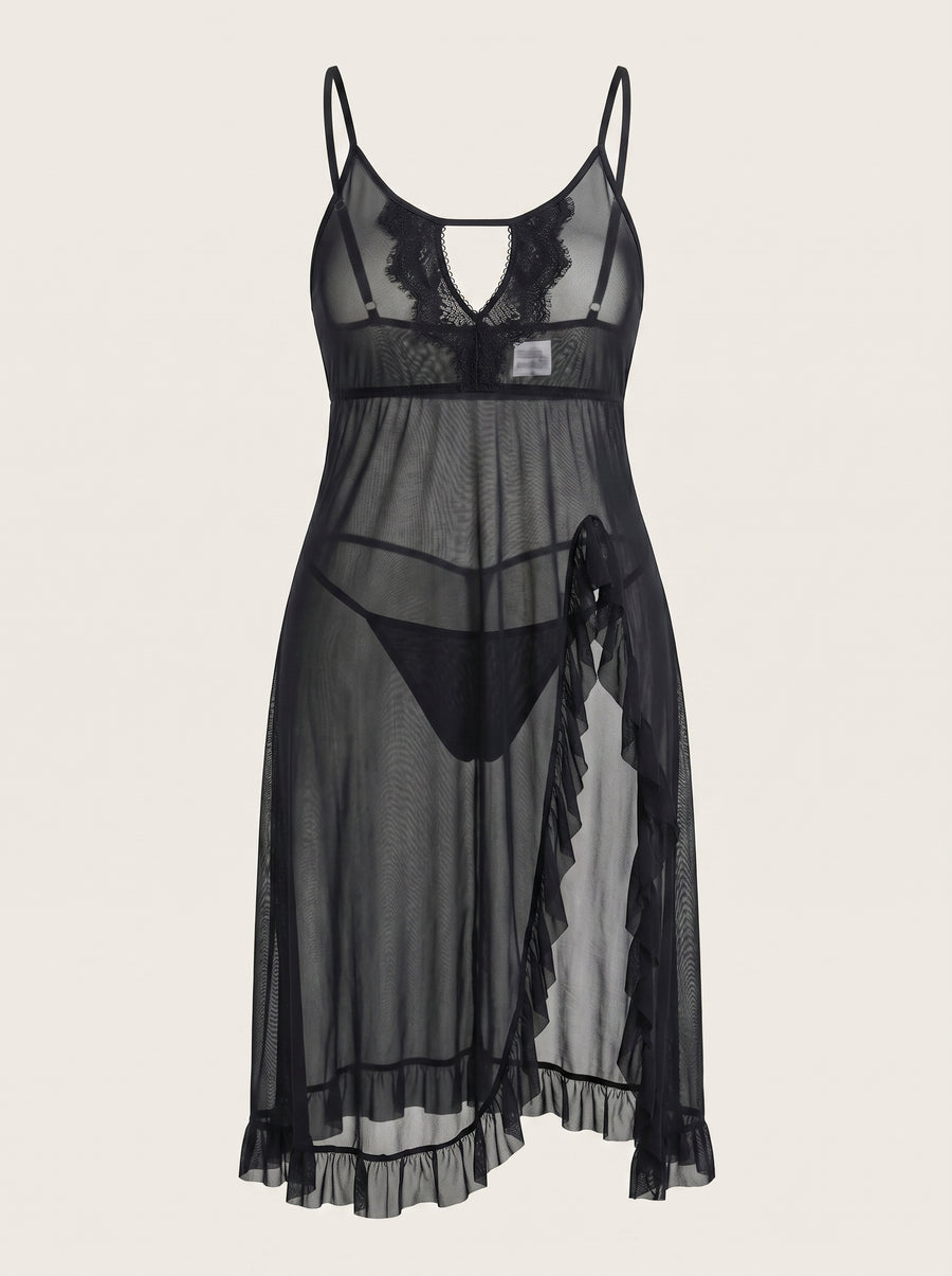 Plus Size Black Lace Mesh Nightdress with Ruffle Details-Nightgown-Bellascena-Black-XL-bellascena