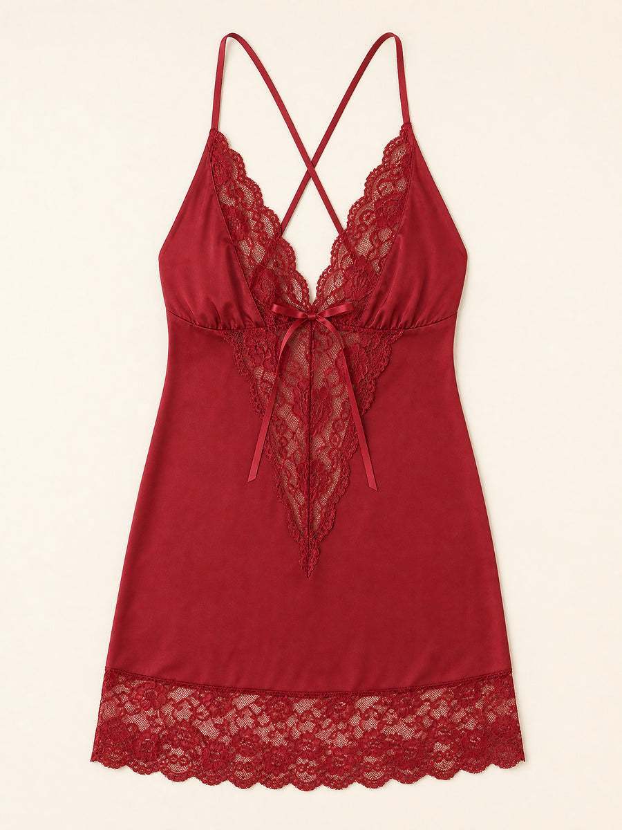 Plus Size Deep Red Satin Cami Dress with Deep V detail-Nightgown-Bellascena-bellascena
