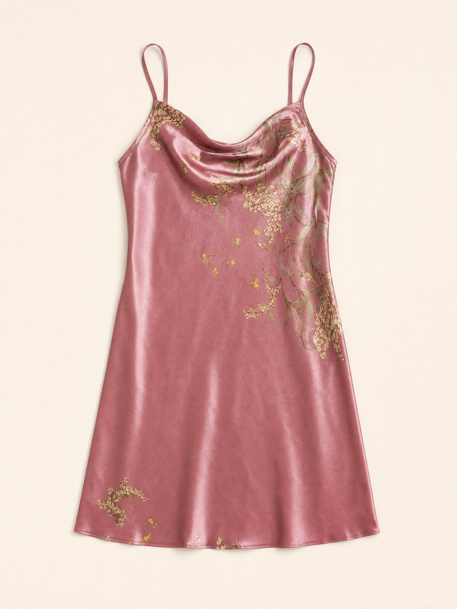 Plus Size Floral Pink Satin Nightgown with Cowl Neck-Nightgown-Bellascena-bellascena