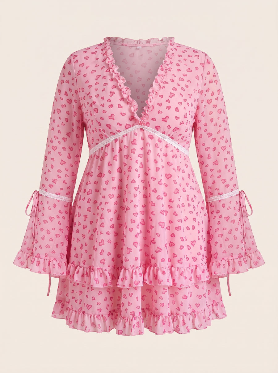 Plus Size Heart Print Pink Mesh Nightdress Set with Ruffle Detail-Nightgown-Bellascena-Pink-XL-bellascena