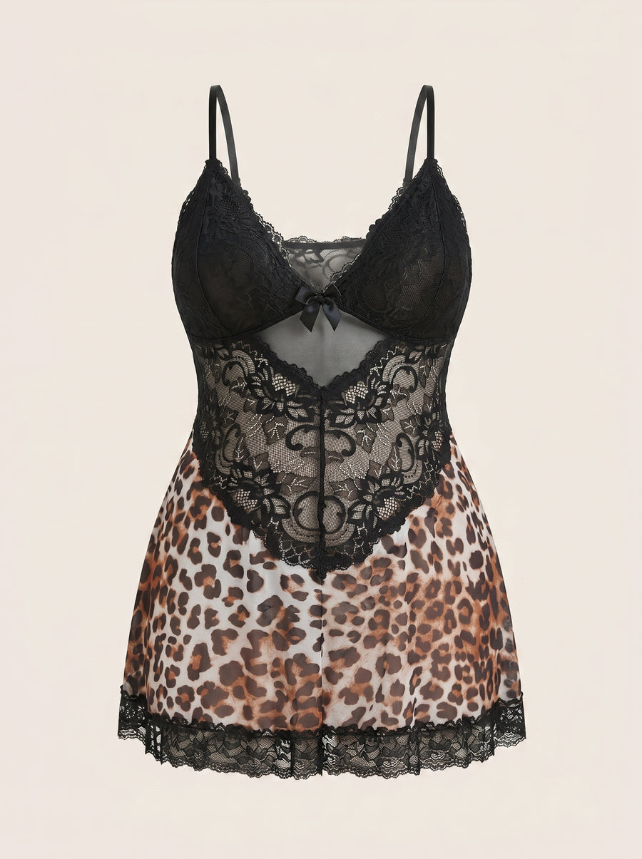 Plus Size Leopard Print Lace Chemise with Strappy Bow Detail-Nightgown-Bellascena-Leopard-XL-bellascena