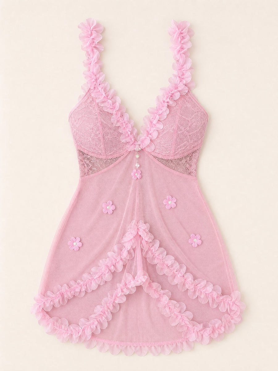 Plus Size Pink Floral Lace Nightgown with Spaghetti Strap Elegance-Nightgown-Bellascena-bellascena