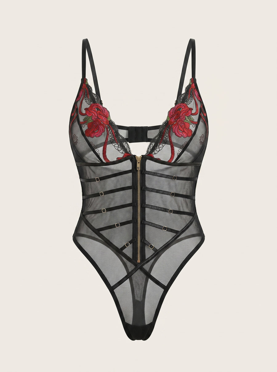 Red Floral Embroidered Mesh Bodysuit with High-Cut Leg-Bodysuit-Bellascena-bellascena