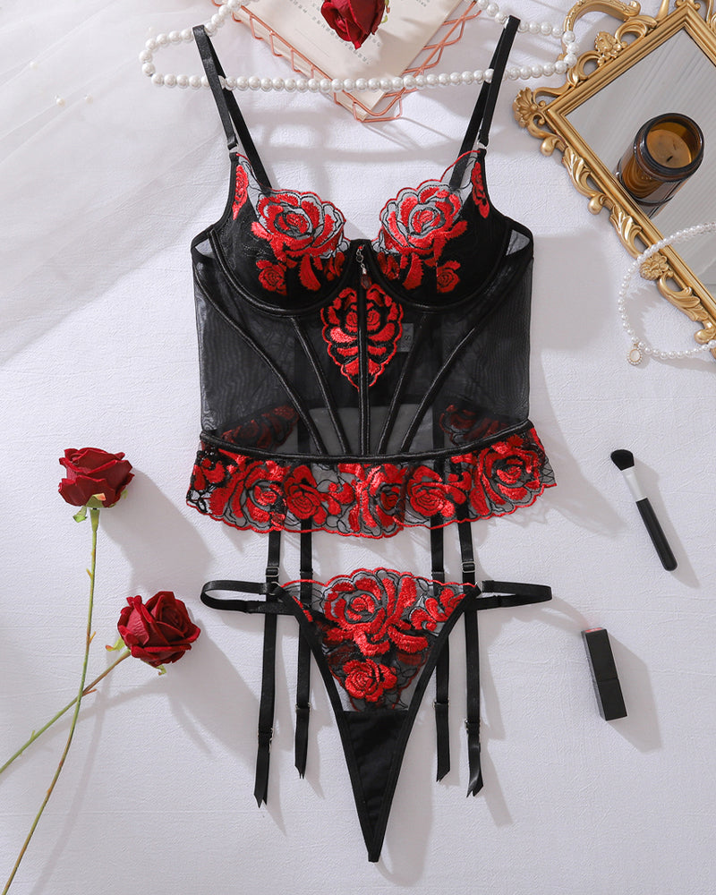 Red Floral Embroidered Mesh Lingerie Set with Scalloped Edges-Corset-Bellascena-bellascena