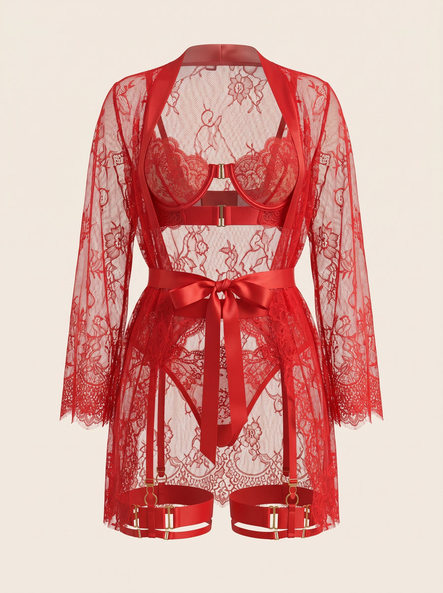 Red Lace Kimono Robe with Sheer Scalloped Edges-Kimono Robe-Bellascena-XS/S-Red-bellascena