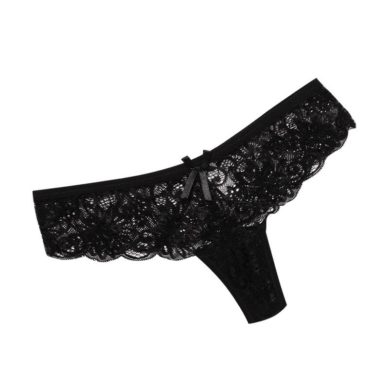 Sheer Floral Pink Lace Panty with Bow Detail-Panty-Bellascena-Black-S-bellascena
