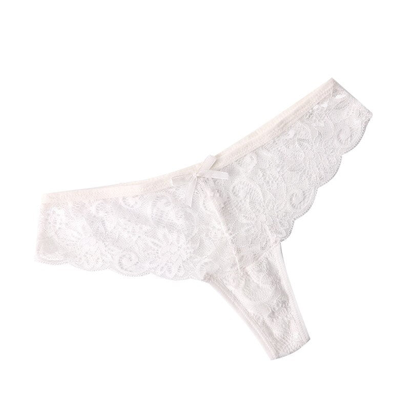 Sheer Floral Pink Lace Panty with Bow Detail-Panty-Bellascena-White-S-bellascena