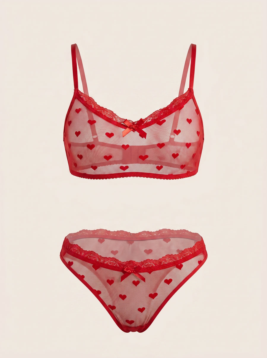 Sheer Red Heart Pattern Mesh Lingerie Set with Strappy Design-Lingerie Set-Bellascena-Red-XL-bellascena