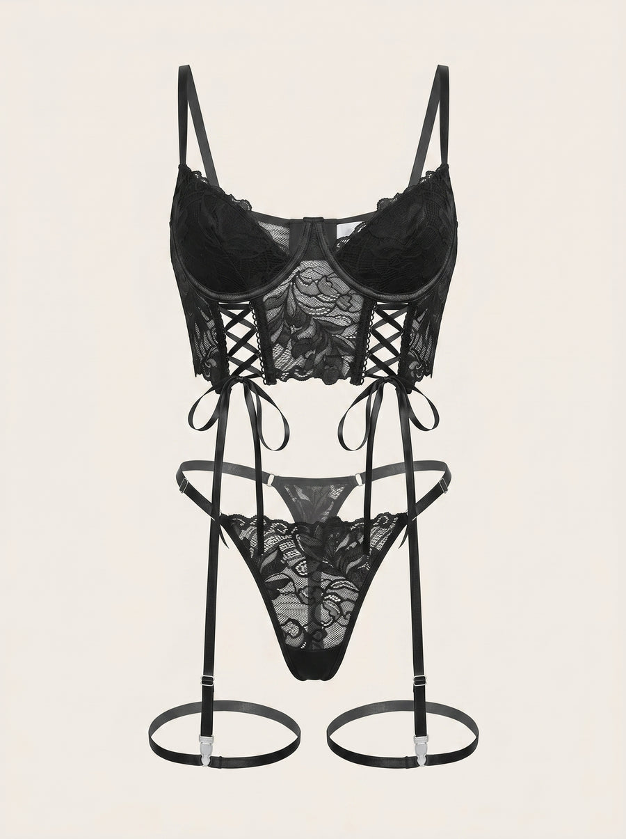 Strappy Black Lace Bodysuit with Sheer Detail-Bodysuit-Bellascena-S-Black-bellascena