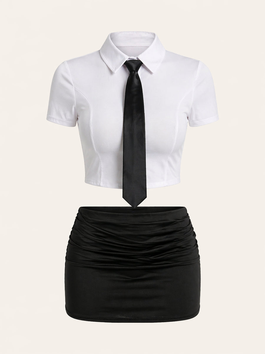 Strappy Black and White Cotton Bodysuit with Ruched Skirt-Bodysuit-Bellascena-S-Black-bellascena
