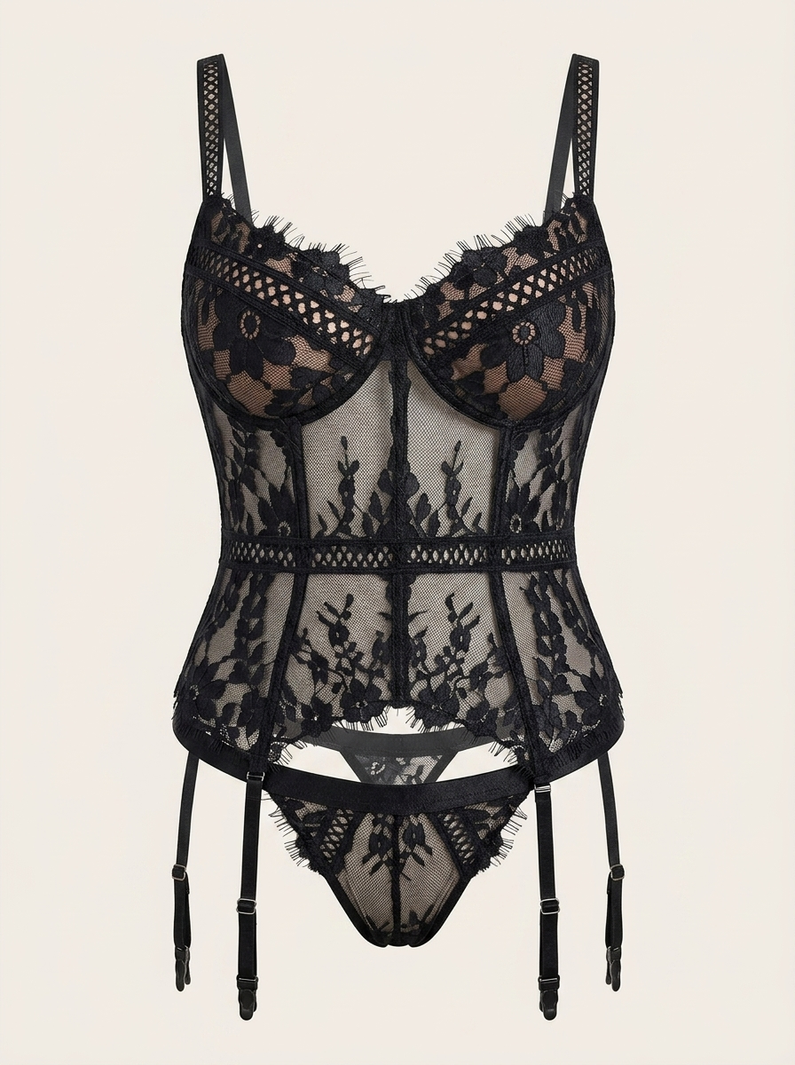 Strappy Floral Black Lace Lingerie Set with Sheer Details-Lingerie Set-Bellascena-Black-S-bellascena