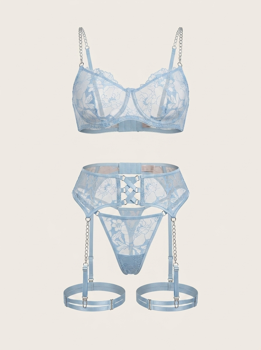 Strappy Floral Blue Embroidered Mesh Lingerie Set with Chain Detail-Lingerie Set-Bellascena-Blue-S-bellascena