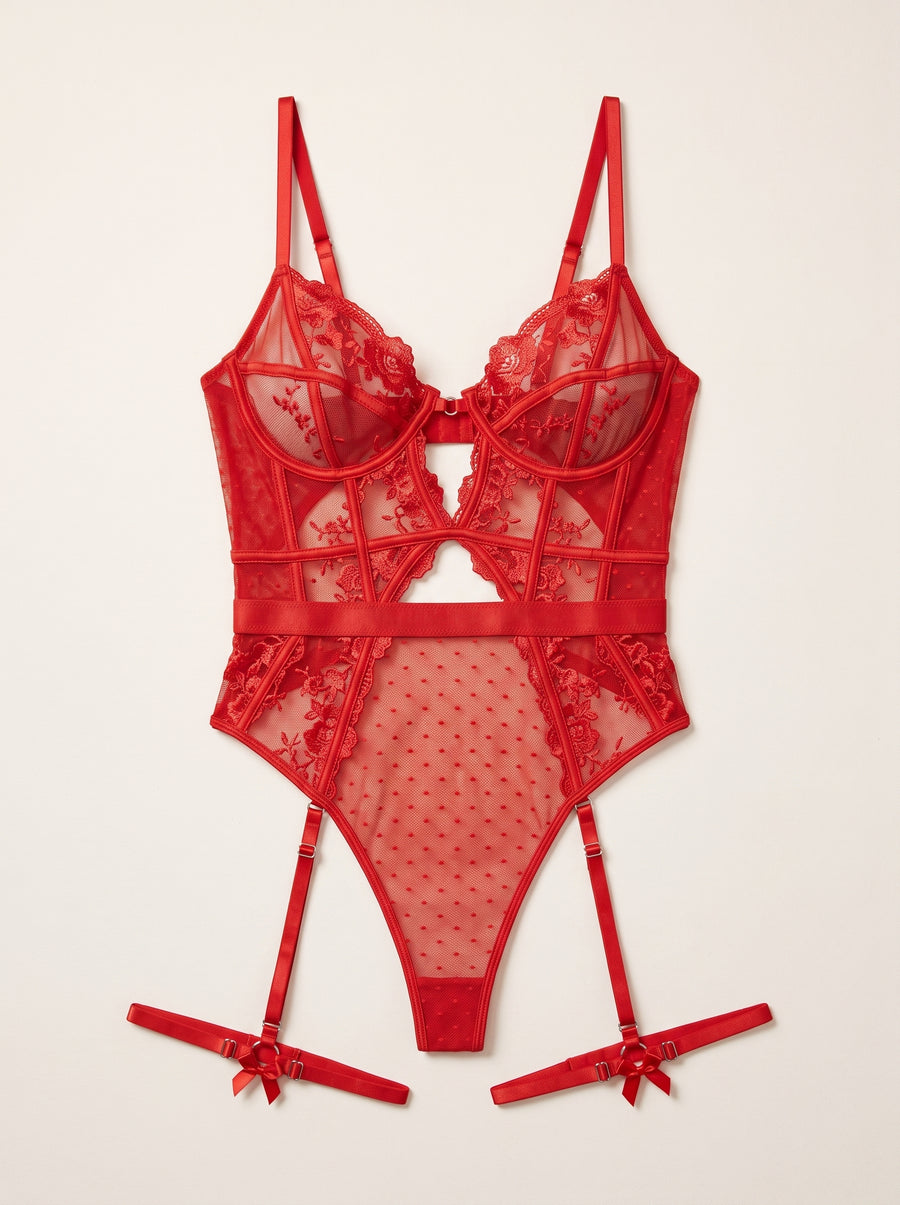 Strappy Red Lace Bodysuit with Adjustable Details-Bodysuit-Bellascena-bellascena
