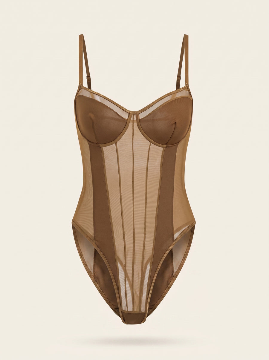 Underwired Brown Mesh Bodysuit with Adjustable Straps-Bodysuit-Bellascena-Brown-XS-bellascena
