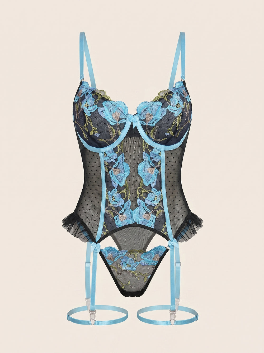 2-teiliges besticktes Mesh-Dessous-Set in Blau mit Blumenmuster und Bogenkanten
