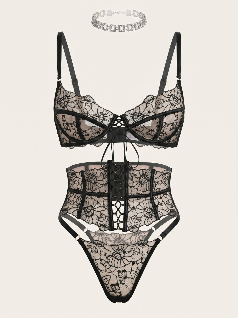 3 Piece Floral Black Embroidered Mesh Lingerie Set with Strappy Details