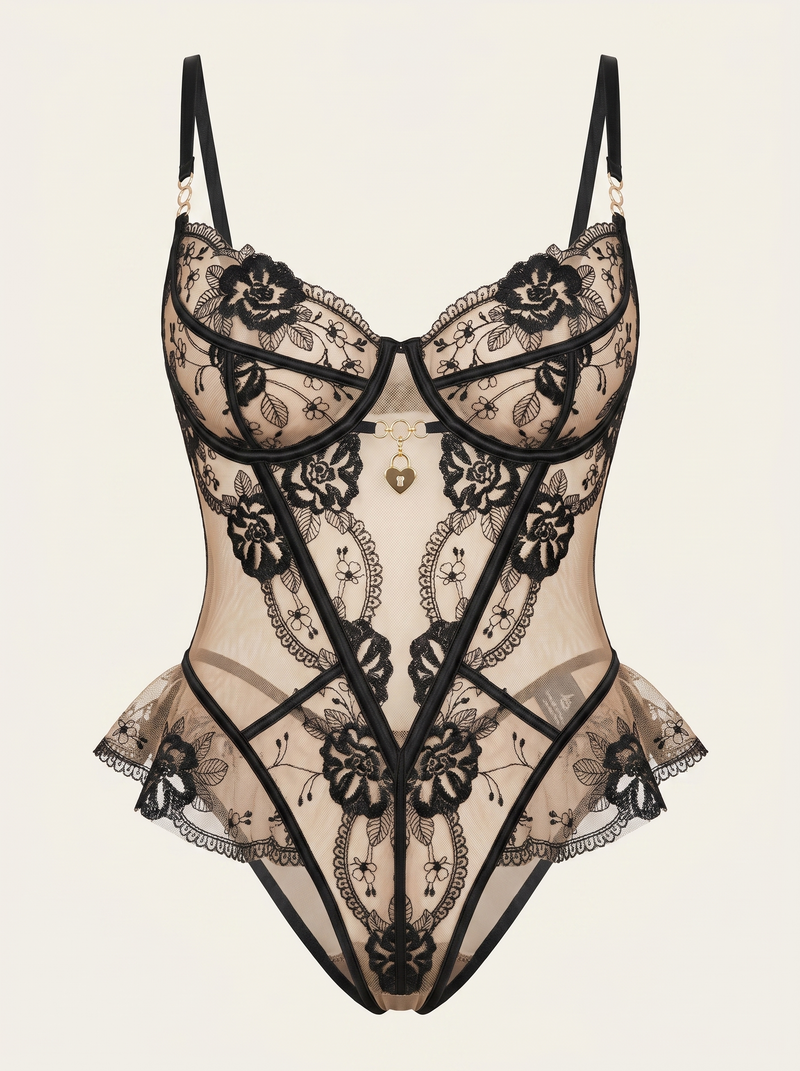 Alluring Black Floral Lace Bodysuit with Sheer Detail