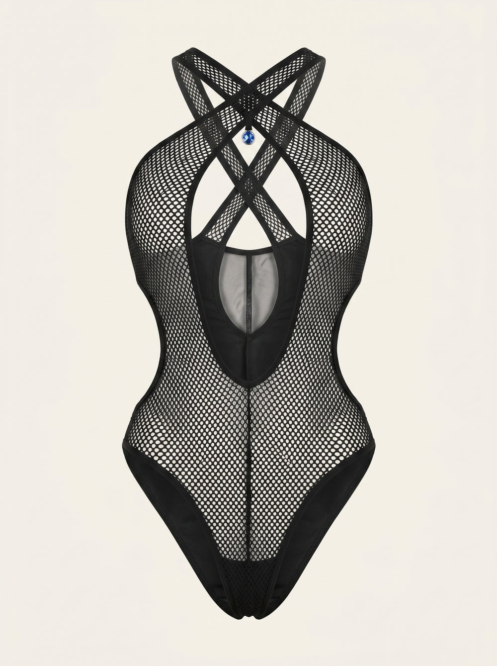 Alluring Black Mesh Bodysuit with Criss-Cross Detail