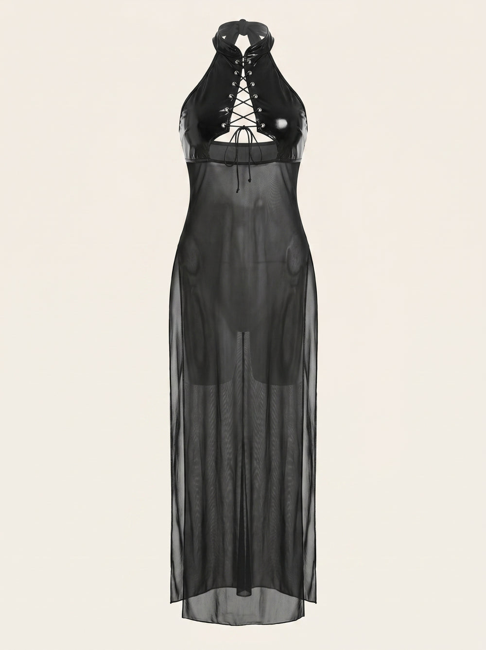 Alluring Black Mesh Nightgown with Lace-Up & Cutout