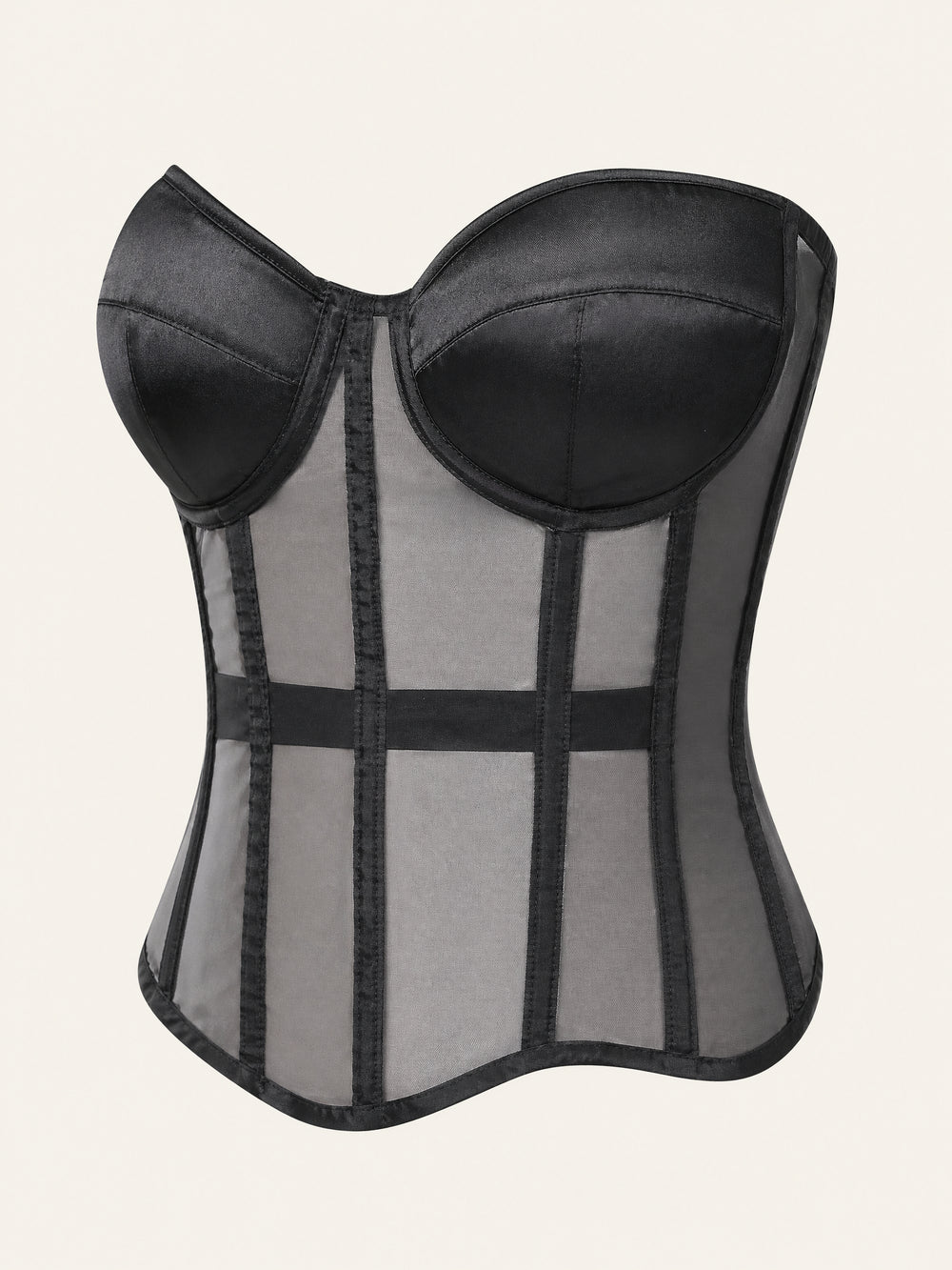 Black Satin and Mesh Corset with Sheer Back Tie