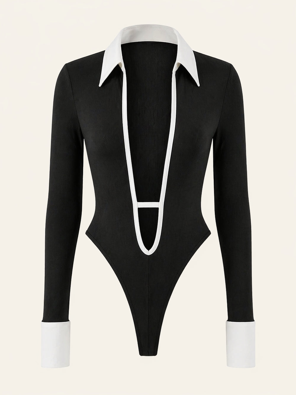Black Cotton Bodysuit with Plunge Collar and Long Sleeves