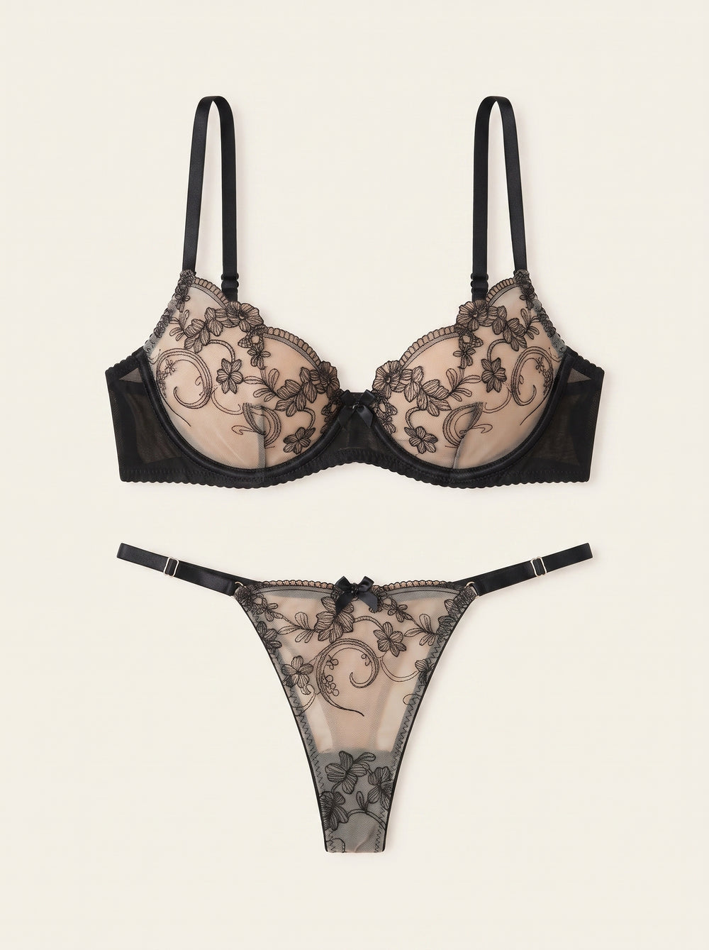 Black Embroidery Nude Mesh Lingerie Set with Floral Embroidery