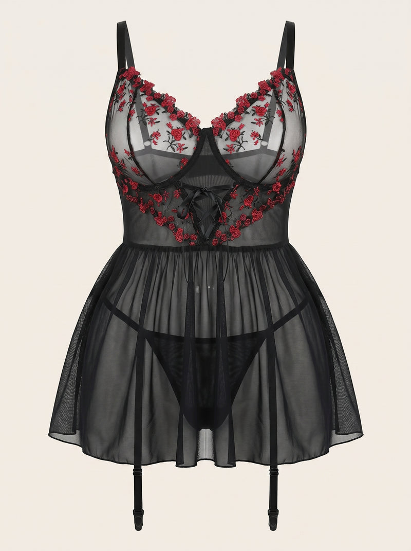 Schwarzes Spitzen-Nachtkleid-Set mit Blumenstickerei und Schnürung