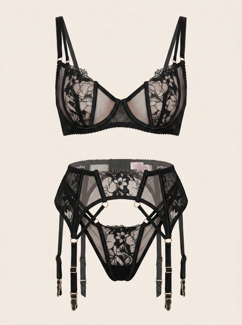Ensemble de lingerie en résille noire brodée à motifs floraux avec jarretelles