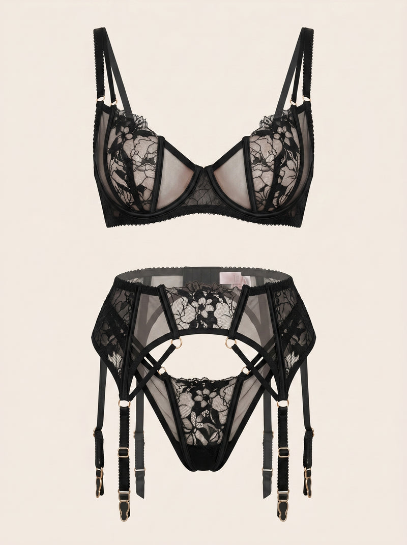 Schwarzes Mesh-Dessous-Set mit Blumenstickerei und Strumpfhaltern