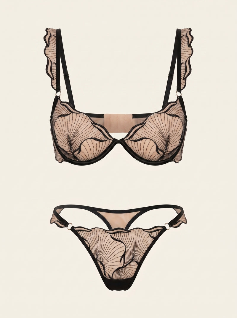 Schwarzes Mesh-Dessous-Set mit Blumenstickerei und Schleifen-Detail