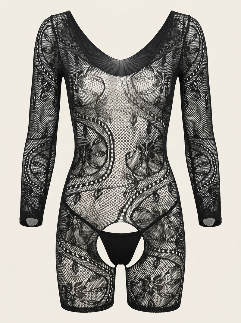 Schwarzer Blumen-Spitzenbodysuit mit transparenten Cut-Outs