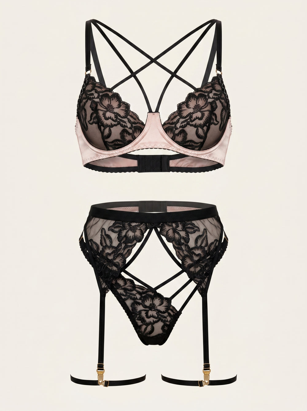 Schwarzes Mesh-Dessous-Set mit Blumenmuster und Riemchen-Cutouts