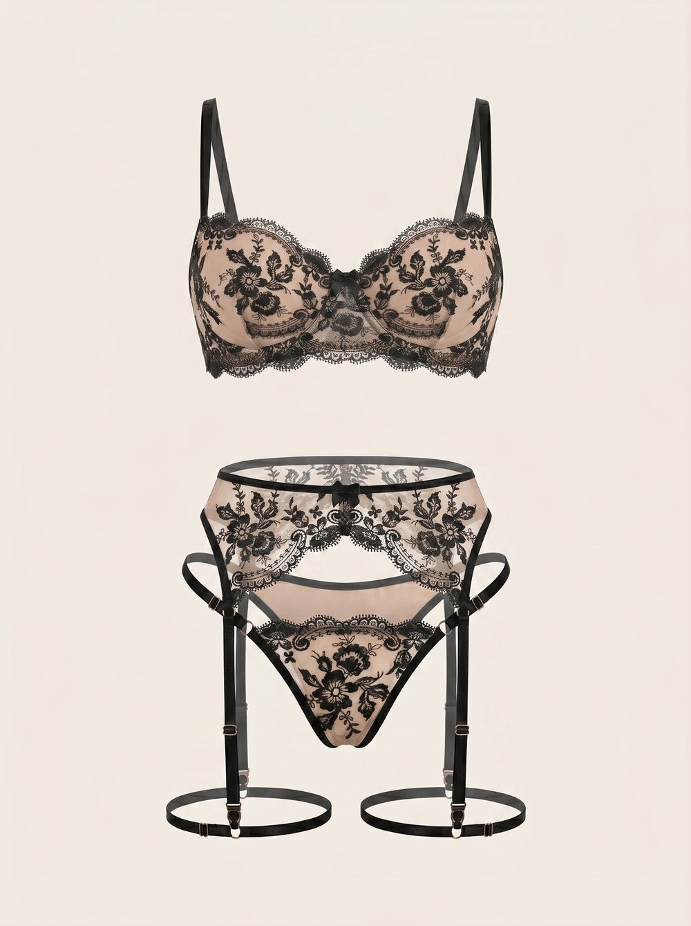 Mesh-Dessous-Set in Schwarz-Floral mit Riemchen-Details