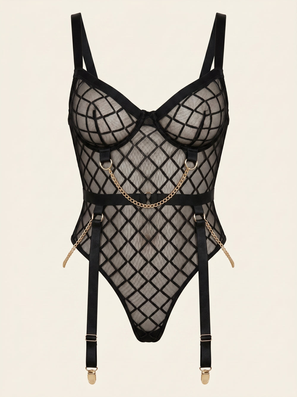 Schwarzer Mesh-Bodysuit mit geometrischem Muster und Cut-Outs