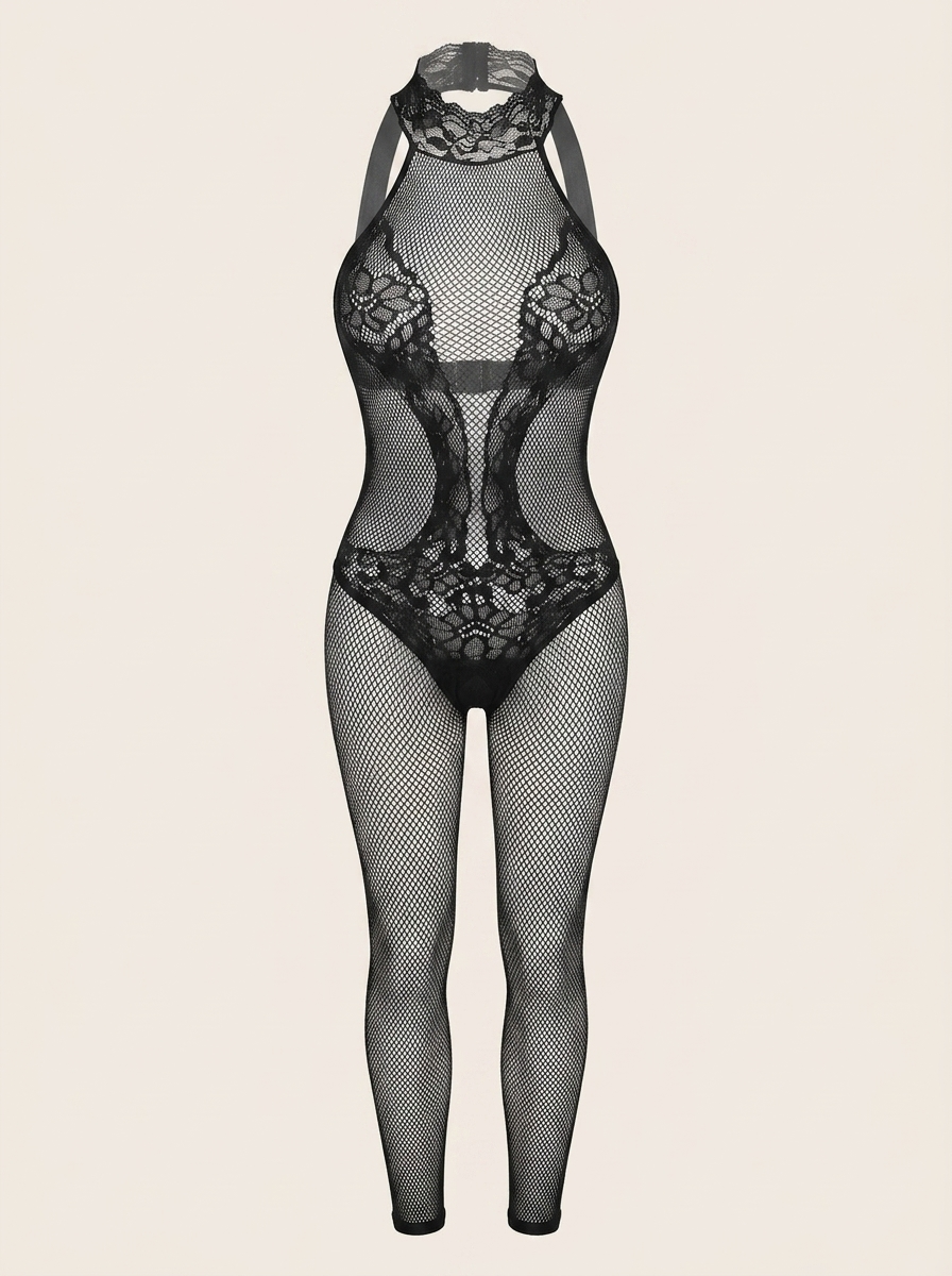 Schwarzer Spitzen-Bodystocking mit Neckholder und freiem Rücken