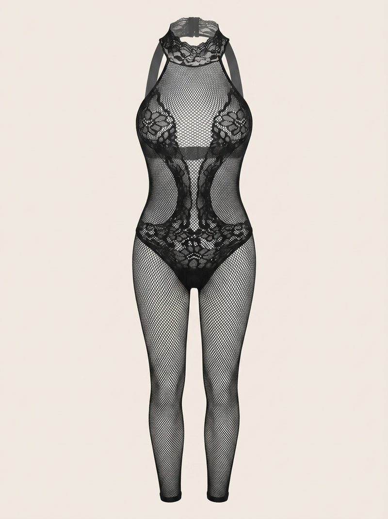 Black Lace Bodystocking with Halter Neck and Open Back