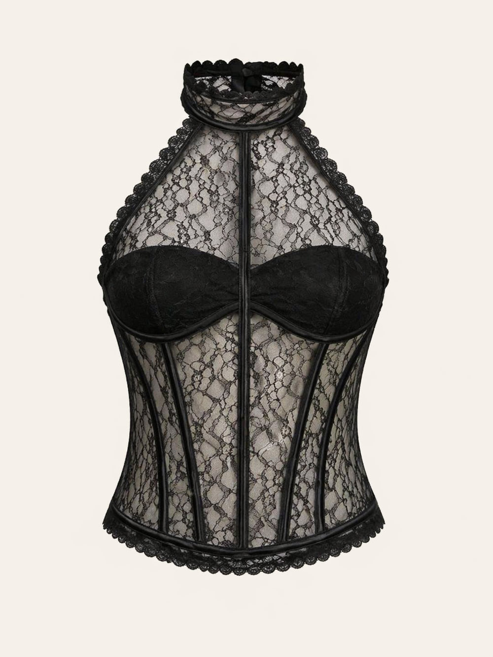 Black Lace Corset with Halter Neck Scalloped Edges