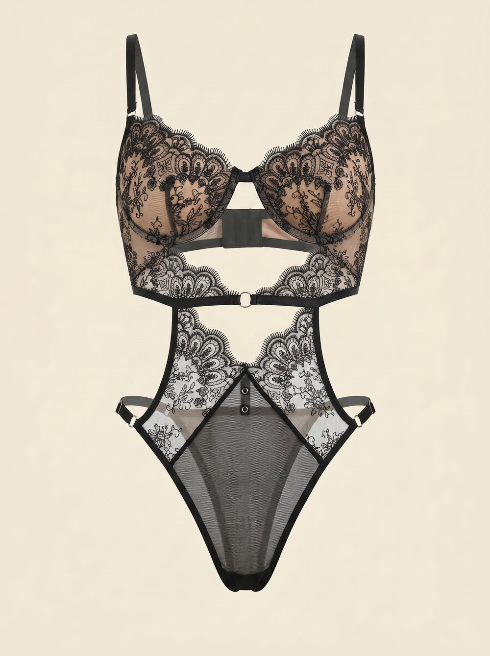Schwarzer Spitzen-Bodysuit mit Riemchen-Cut-Outs