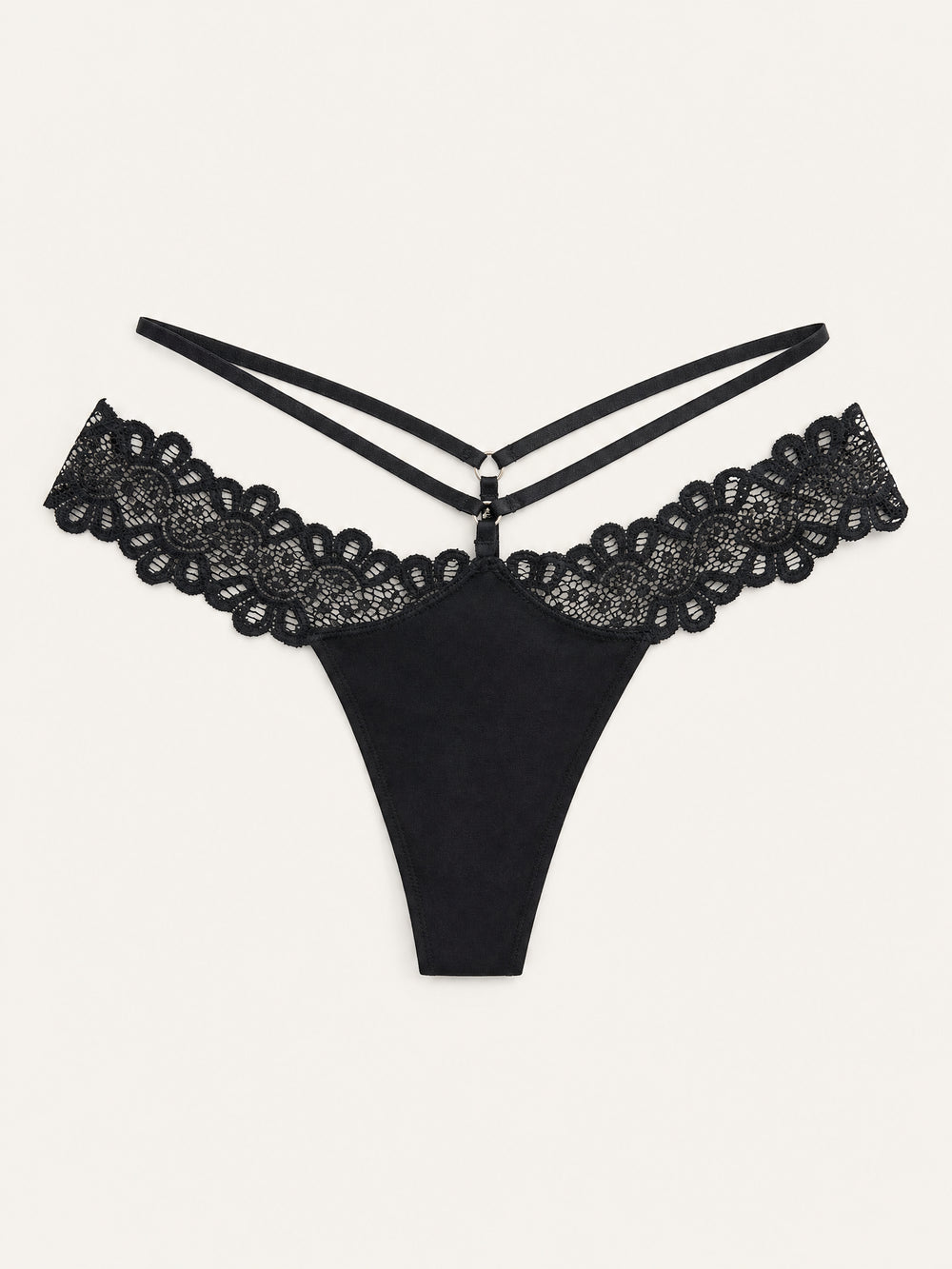 Black Lace Thong with Strappy Detailing